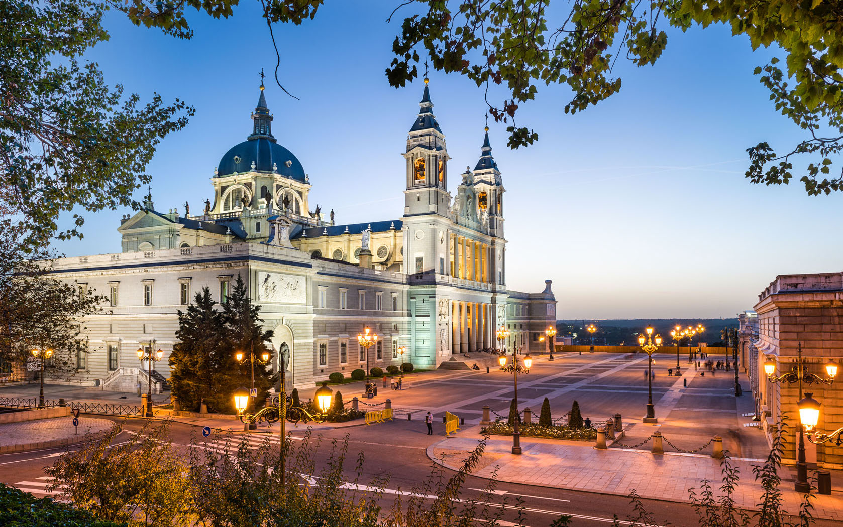35806248 - madrid, spain at la almudena cathedral and the royal palace.